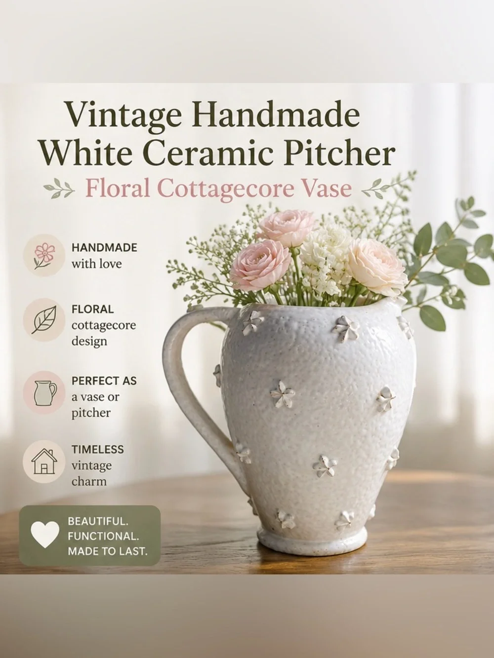 Vintage Handmade White Ceramic Pitcher Floral Cottagecore Vase